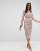 Asos Wedding Lace Long Sleeve Midi Pencil Dress - Beige