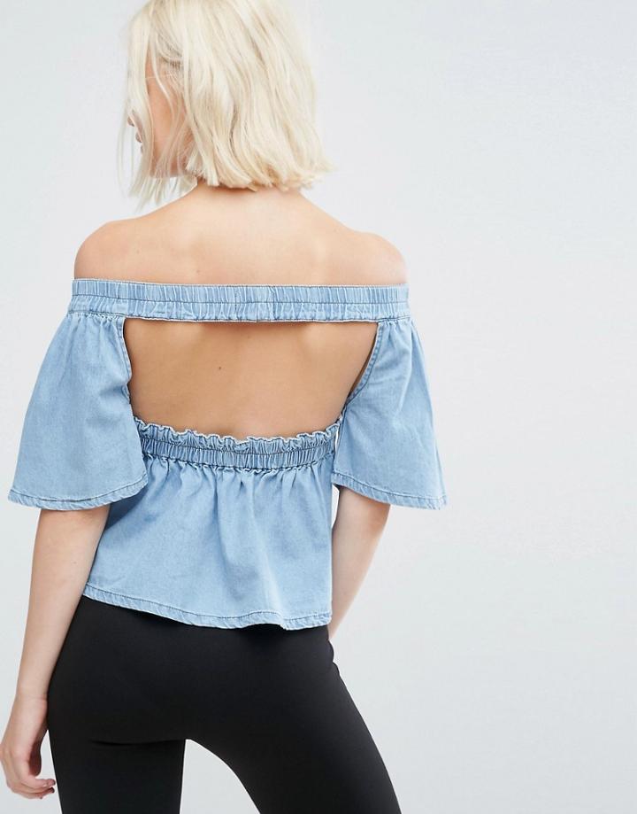 Mink Pink Float Off Shoulder Denim Top With Cut Out Back - Blue