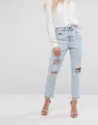 Asos Recycled Original Mom Jeans In Radleigh Light Wash With Rips And Busts - Blue