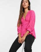Asos Design V Neck Top With Pleat Detail In Sheer Chevron In Pink