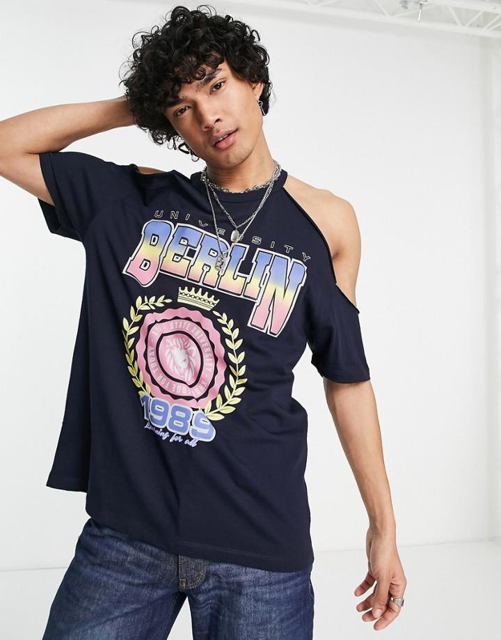Asos Design Relaxed T-shirt In Navy With Cut Outs And Collegiate Front Print