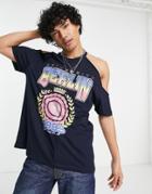Asos Design Relaxed T-shirt In Navy With Cut Outs And Collegiate Front Print