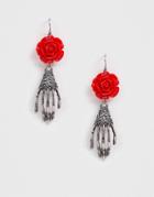 Asos Design Halloween Drop Earrings With Rose And Skeleton Hand In Silver Tone