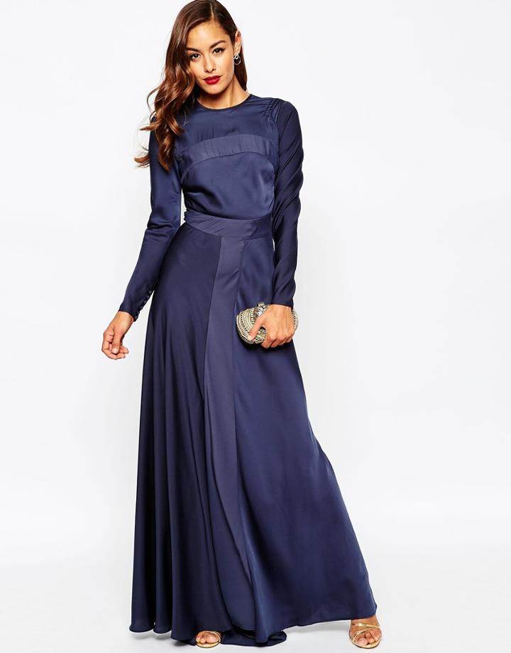 Asos Red Carpet Paneled Long Sleeve Satin Maxi Dress - Navy