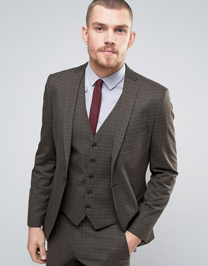 Selected Homme Skinny Suit Jacket In Check - Brown