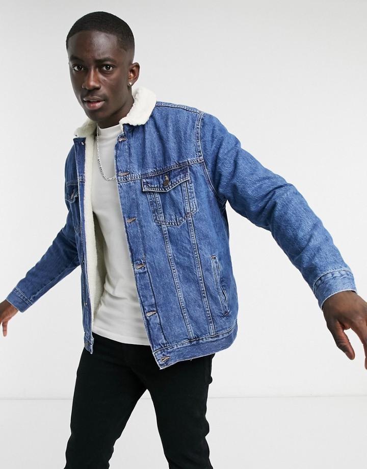 Bershka Denim Trucker Jacket With Teddy Collar In Blue-blues