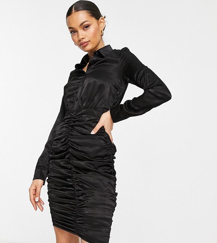Club L London Petite Belted Shirt Dress With Ruched Skirt Detail In Black