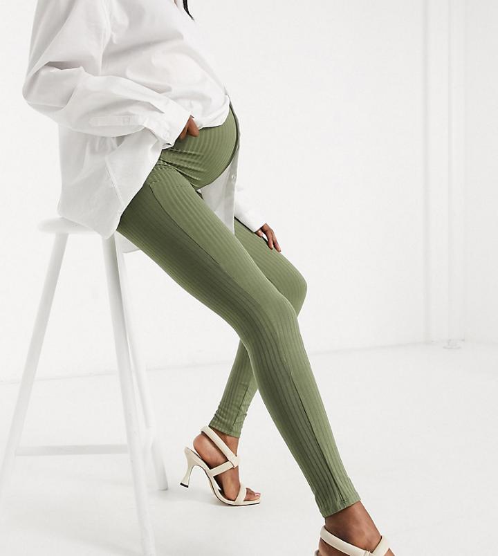 Flounce Maternity Ribbed Legging In Khaki-green