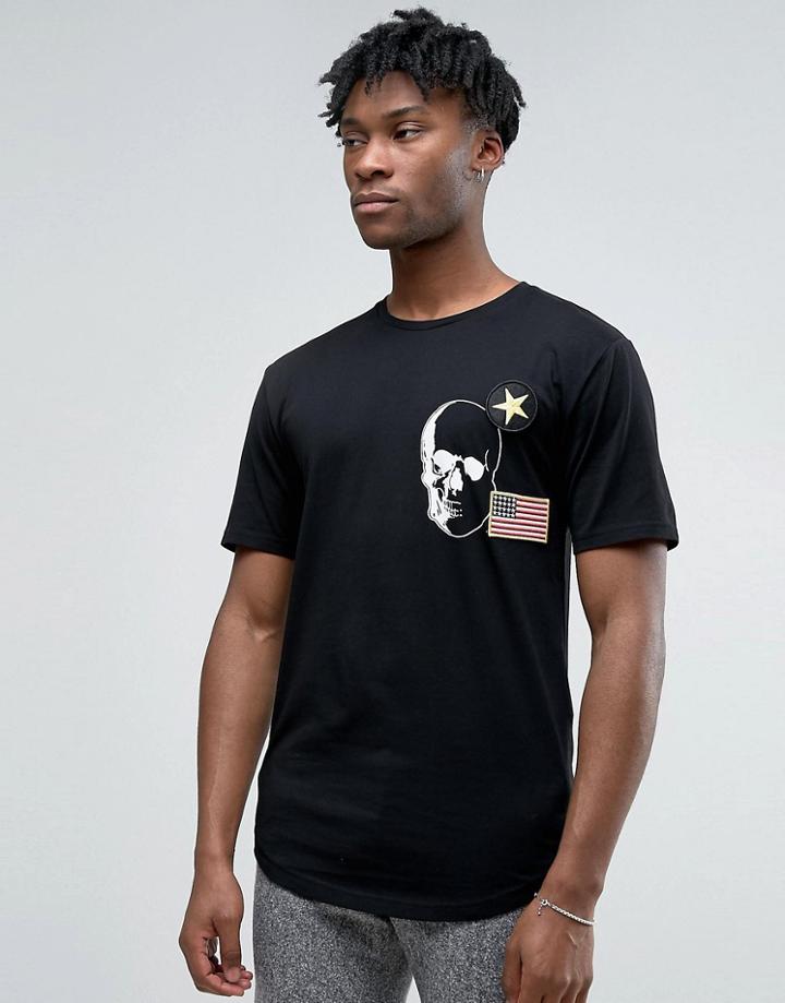Only & Sons Longline T-shirt With Badge Detailing And Curved Hem - Bla