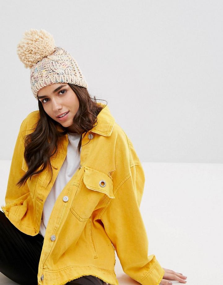 Pull & Bear Multi Colored Oversize Bobble Hat - Cream