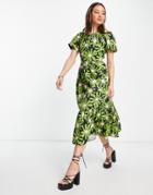 Topshop Recycled Cotton Bold Daisy Cross Back Poplin Midi Dress In Green