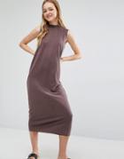 Monki High Neck Funnel Sleeveless Midi Dress - Brown