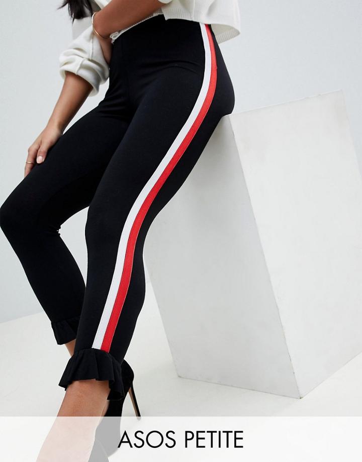 Asos Design Petite Leggings With Side Stripe Tape And Ruffle Hem - Black