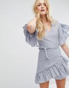 Aeryne Stripe Dress With Tie's And Ruffle Sleeves - Navy