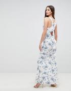 Ax Paris Maxi Dress With Tie Back In Floral - White