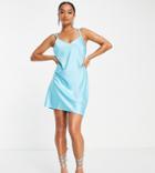 River Island Petite Satin V Neck Mini Dress In Blue