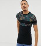 Asos Design Tall Muscle Fit T-shirt With Floral Print Cut And Sew Panels - Black