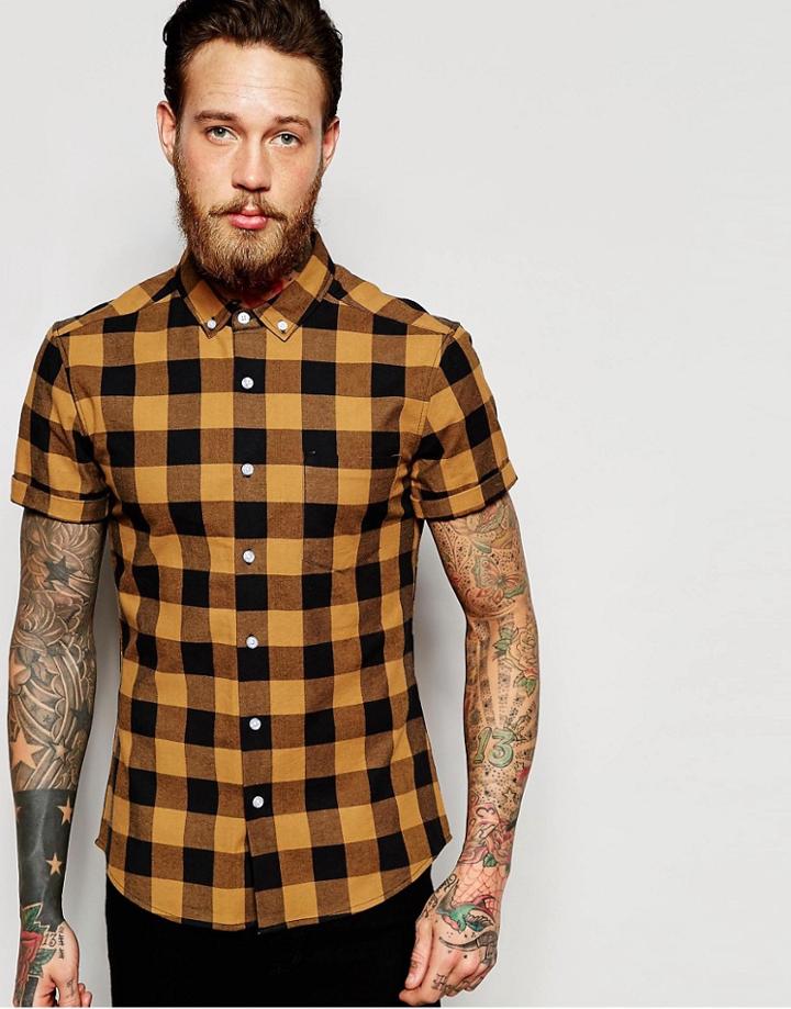 Asos Skinny Shirt With Buffalo Plaid In Camel With Short Sleeves - Camel