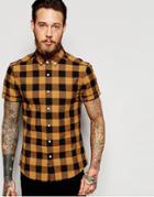 Asos Skinny Shirt With Buffalo Plaid In Camel With Short Sleeves - Camel