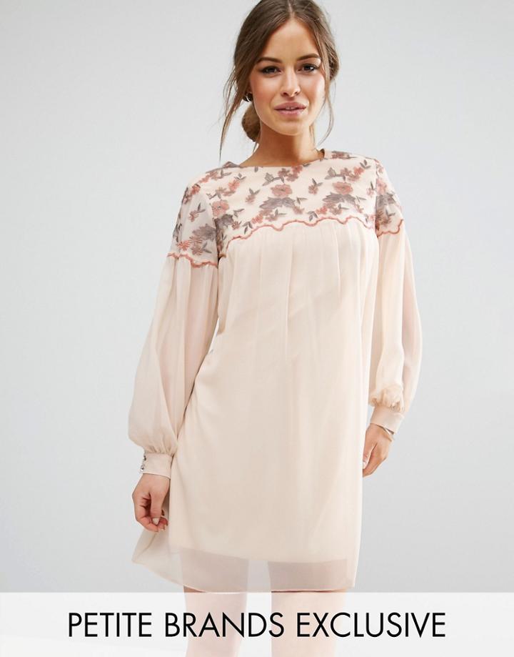 Little Mistress Petite Floral Embroidered Mini Shift Dress - Cream