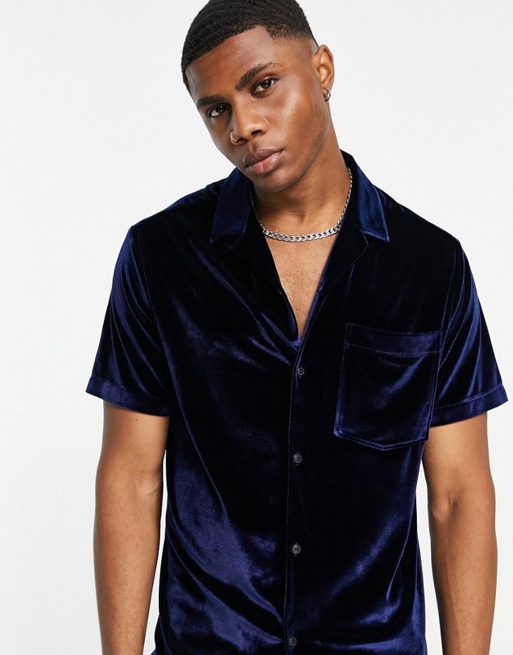 Topman Short Sleeve Velvet Shirt In Navy
