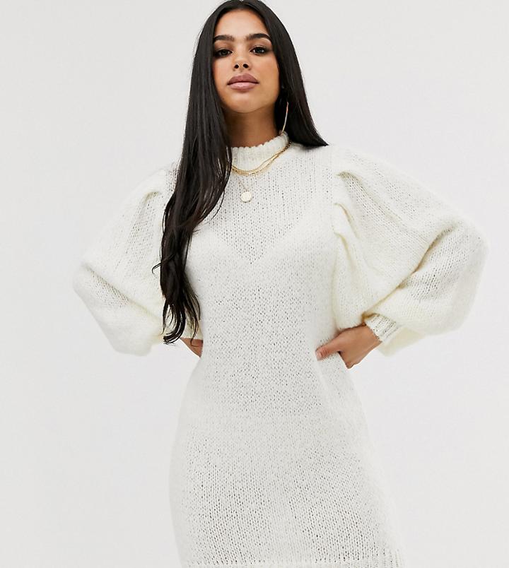 Asos Design Petite Mini Sweater Dress In Lofty Yarn With Volume Sleeve - Cream