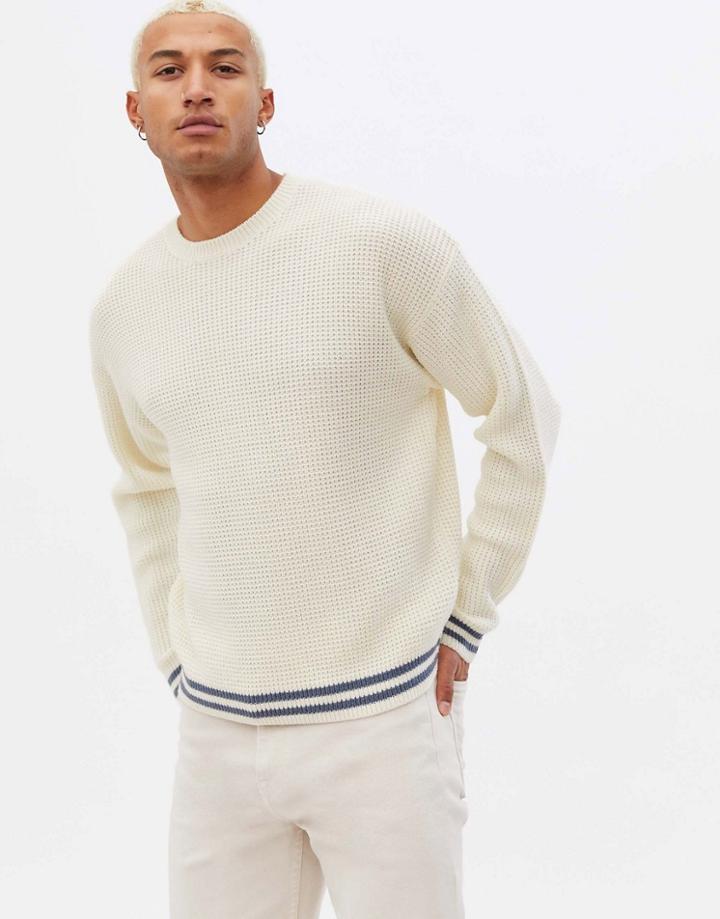New Look Waffle Stripe Sweater In Off White