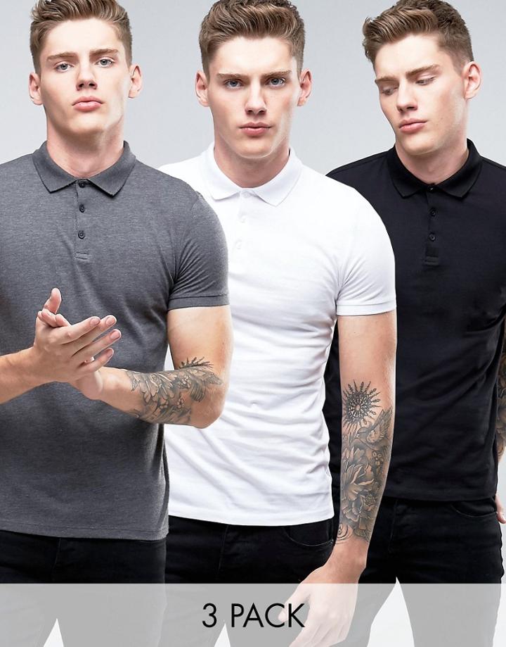 Asos 3 Pack Jersey Polo Shirt In Black/white/charcoal Marl - Multi