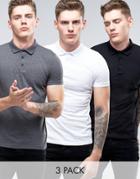 Asos 3 Pack Jersey Polo Shirt In Black/white/charcoal Marl - Multi