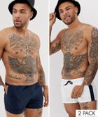 Asos Design Swim Shorts In Navy & White With Navy Side Stripe In Short Length 2 Pack Multipack Saving