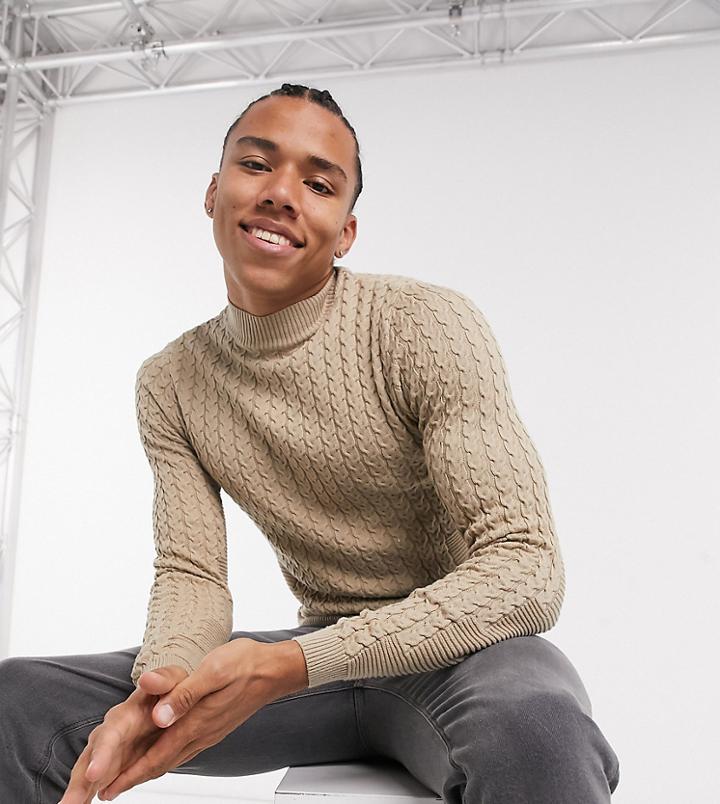 Asos Design Tall Muscle-fit Lightweight Cable Sweater In Oatmeal-neutral