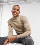 Asos Design Tall Muscle-fit Lightweight Cable Sweater In Oatmeal-neutral