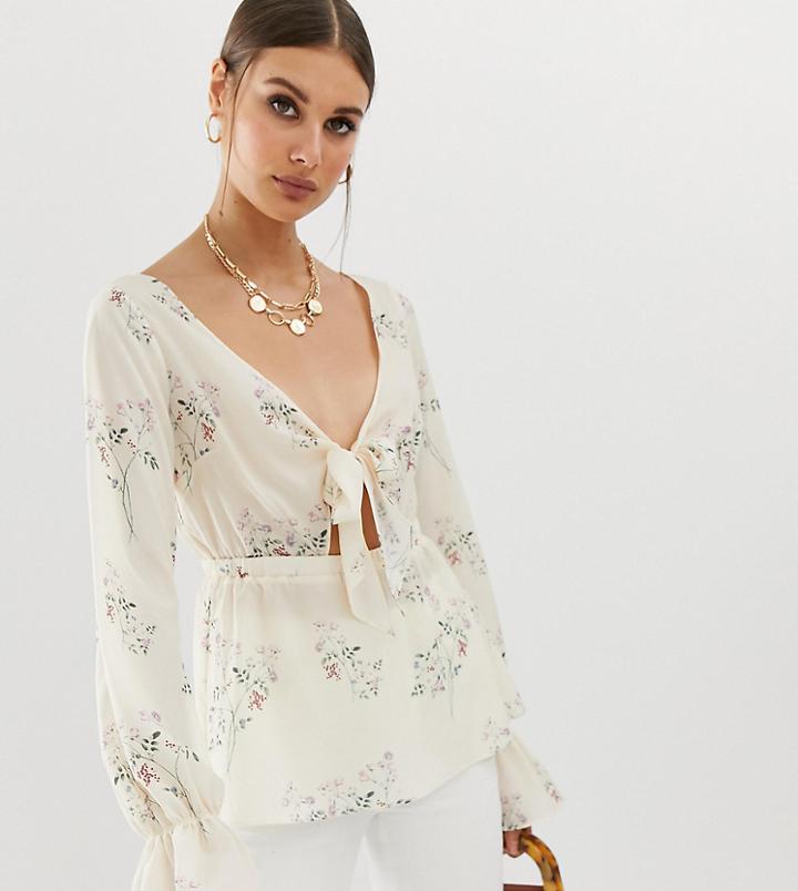 Na-kd Front Tie Floral Print Blouse In Beige