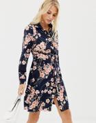 Liquorish Blossom Floral Print Shirt Dress-navy