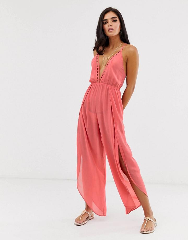 Asos Design Lattice Plunge Front Beach Jumpsuit In Mink-brown