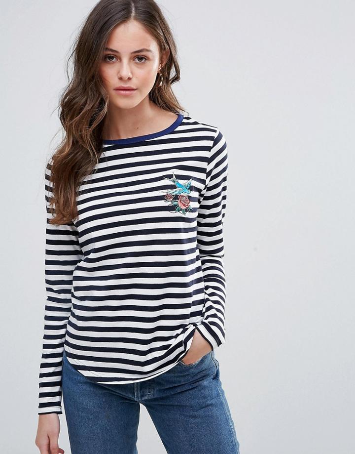 Brave Soul Stripe Bird Emb Top - Navy