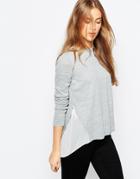 Asos Sweater With Side Splits And Sheer Woven Hem Detail - Gray