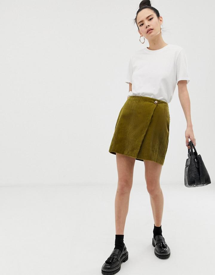 Asos Design Mini Skirt With Wrap In Cord-green