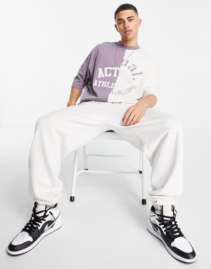 Asos Actual Oversized T-shirt With Spliced Logo Prints In Mauve And Ecru-purple