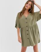 Asos Design V Neck Button Through Mini Smock Dress - Green