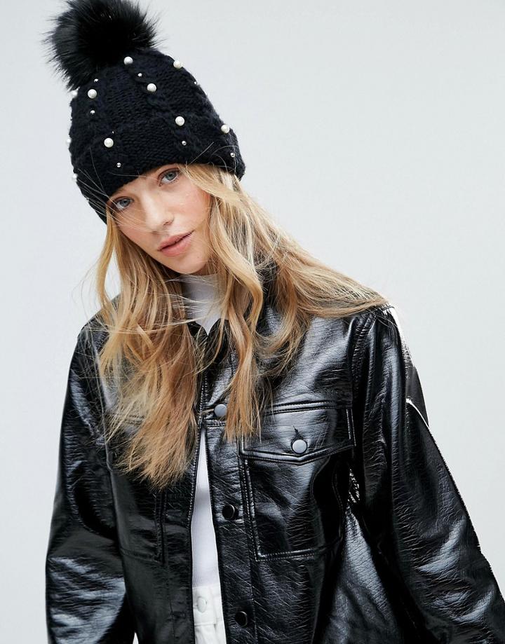 Miss Selfridge Exclusive Pearl Embellished Beanie Hat - Black