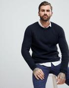 Asos Textured Wool Mix Sweater In Navy - Navy