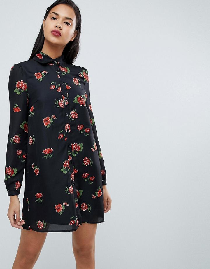 Fashion Union Shirt Dress In Western Floral Print - Black