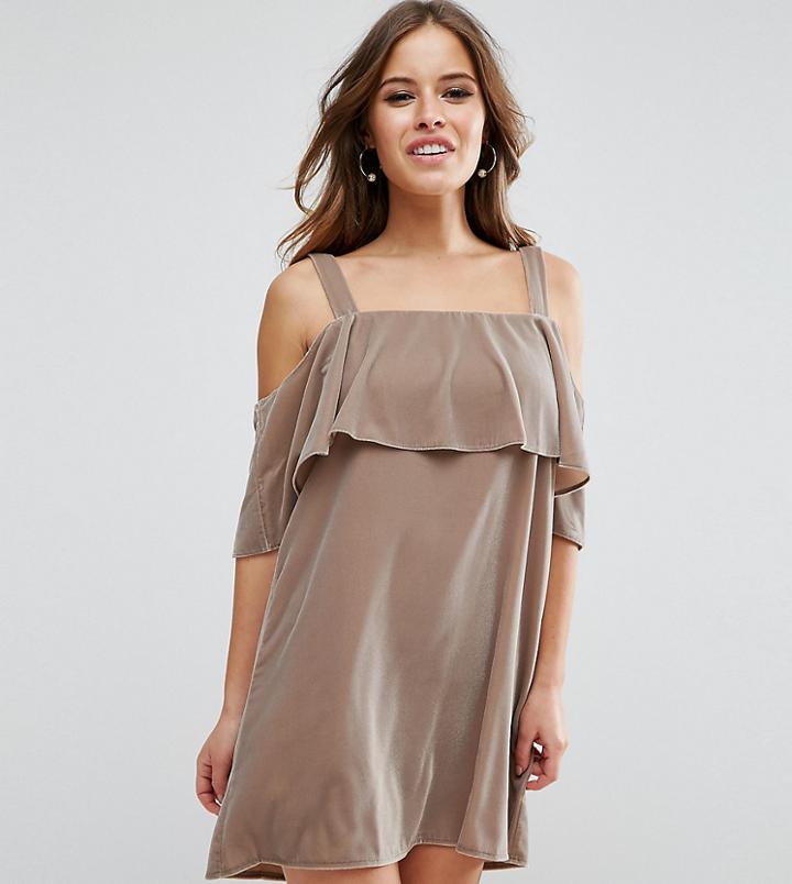 Asos Petite Double Layer Velvet Mini Dress With Cold Shoulder Detail - Beige