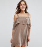 Asos Petite Double Layer Velvet Mini Dress With Cold Shoulder Detail - Beige