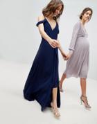 Tfnc Cold Shoulder Wrap Maxi Bridesmaid Dress With Fishtail - Navy