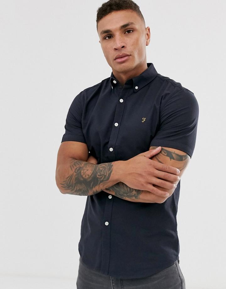 Farah Brewer Slim Fit Short Sleeve Oxford Shirt In Navy