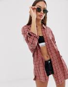 Asos Design Long Sleeve Boyfriend Shirt In Brown & Black Check-multi