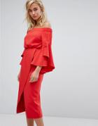 Lavish Alice Off The Shoulder Midi Dress With Bell Frill Sleeves - Red