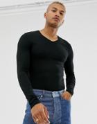 Asos Design Long Sleeve Muscle Fit T-shirt With V Neck In Black